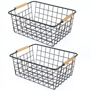 wire basket 2 pcs wire storage baskets wire baskets organizing with wooden handles wire basket pantry organization and storage metal wire food storage basket for kitchen, cabinets (black 2pcs)