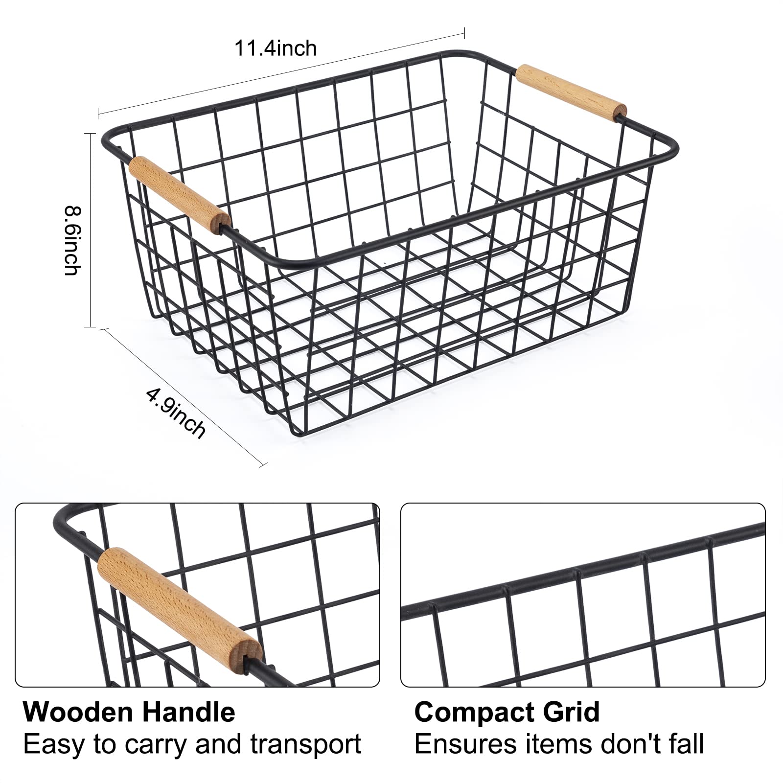 Wire Basket 2 Pcs Wire Storage Baskets Wire Baskets Organizing with Wooden Handles Wire Basket Pantry Organization and Storage Metal Wire Food Storage Basket for Kitchen, Cabinets (Black 2PCS)