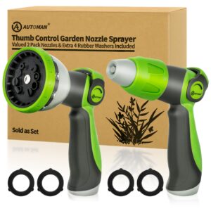 automan garden hose nozzle - 2 pack, thumb control sprayer, slip-resistant water nozzle, extra 4 washers, for watering plants lawn & garden, cleaning, washing car, showering pets