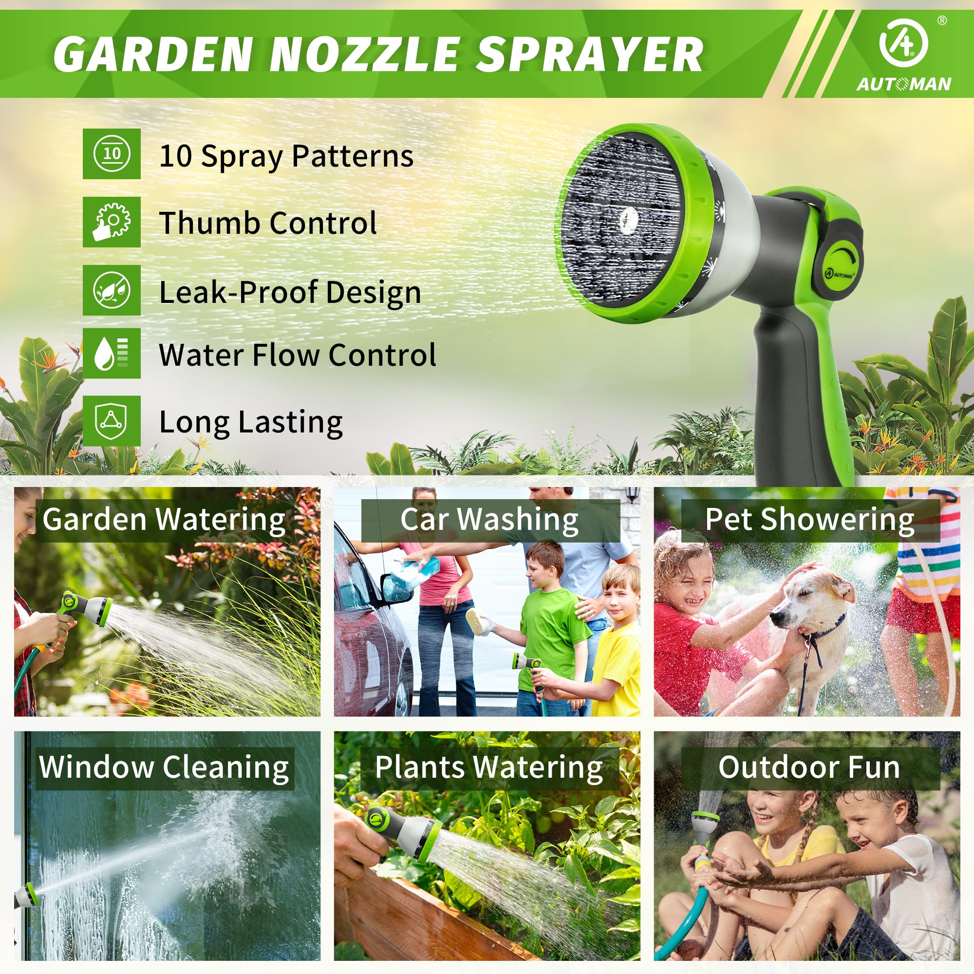 AUTOMAN Garden Hose Nozzle - 2 Pack, Thumb Control Sprayer, Slip-Resistant Water Nozzle, Extra 4 Washers, for Watering Plants Lawn & Garden, Cleaning, Washing Car, Showering Pets