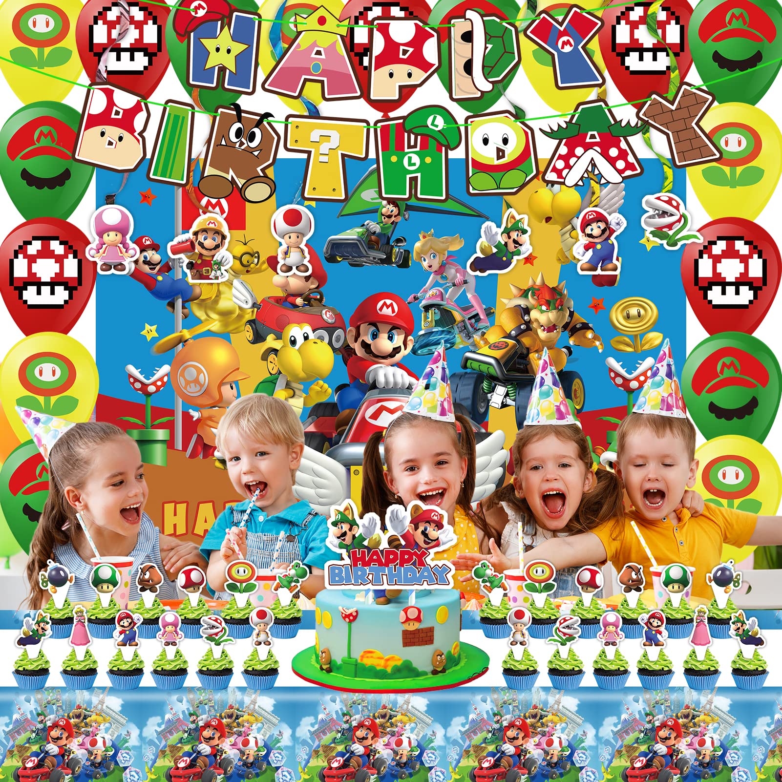 Mario Birthday Party Supplies - Mario Party Supplies Included Mario 18 Balloons, Backdrop, Banner, 6 Hanging Swirls, Tablecloth, 24 Cupcake Cake Toppers