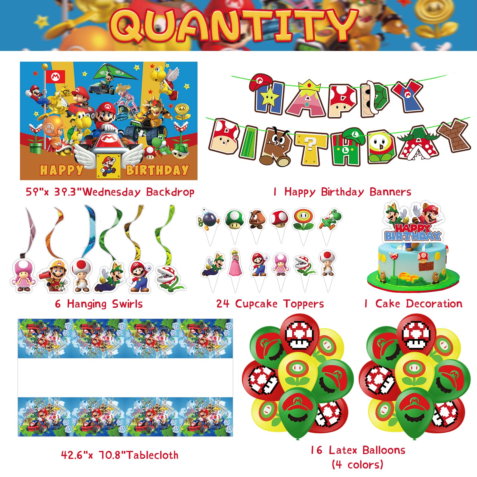 Mario Birthday Party Supplies - Mario Party Supplies Included Mario 18 Balloons, Backdrop, Banner, 6 Hanging Swirls, Tablecloth, 24 Cupcake Cake Toppers