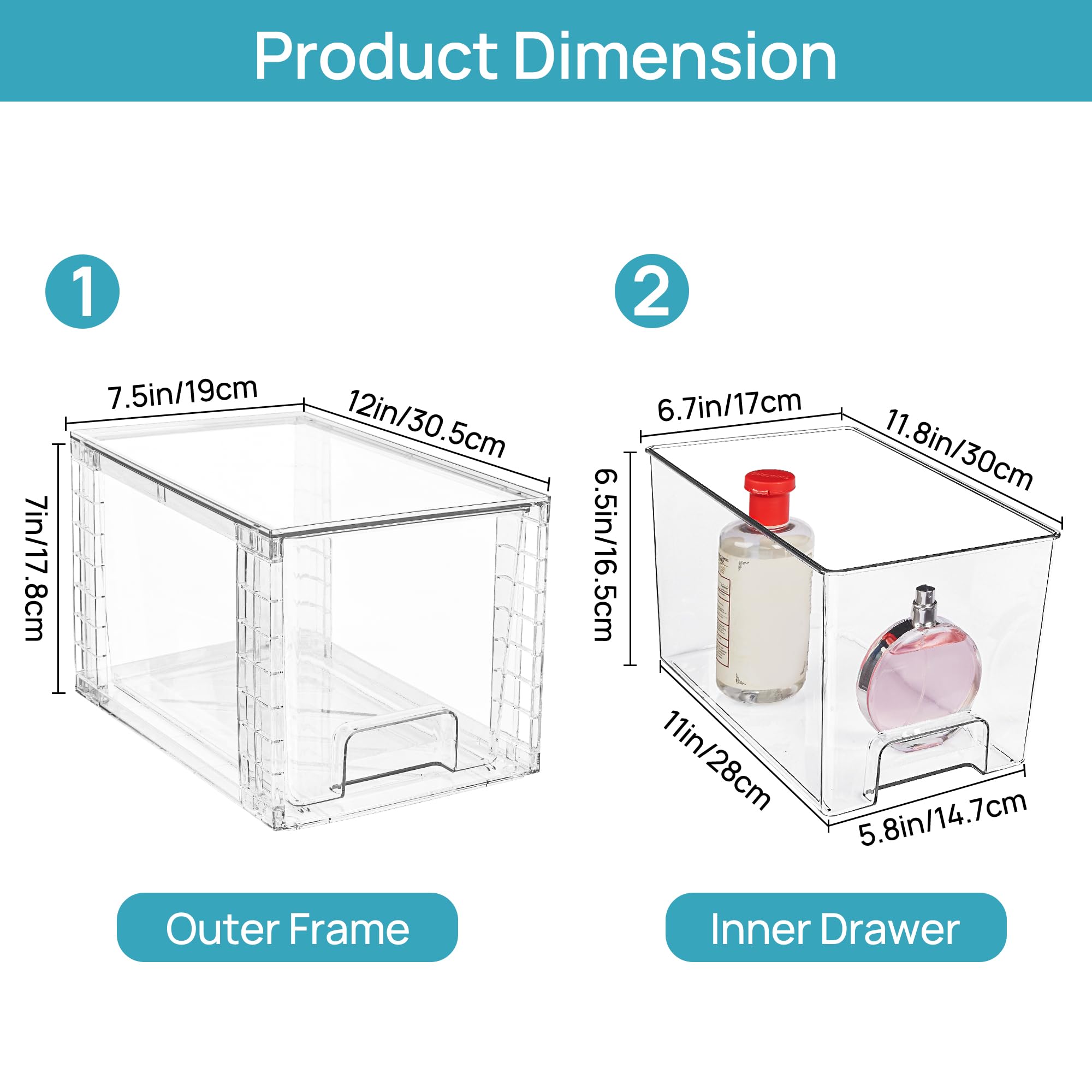 Vtopmart 2 Pack Large Stackable Storage Drawers,Clear Acrylic Drawer Organizers with Handles, Easily Assemble for Bathroom,Kitchen Undersink,Cabinet,Closet,Makeup,Pantry organization and Storage