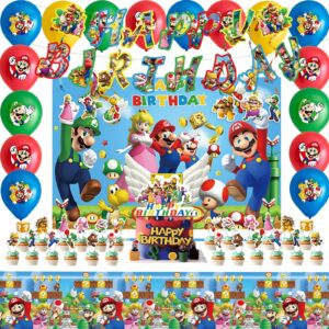 mario birthday party supplies birthday decorations party decorations include backdrop, tablecloth, birthday banners, cake decoration, 24 cupcake toppers, 16 latex balloons, 6 hanging swirls