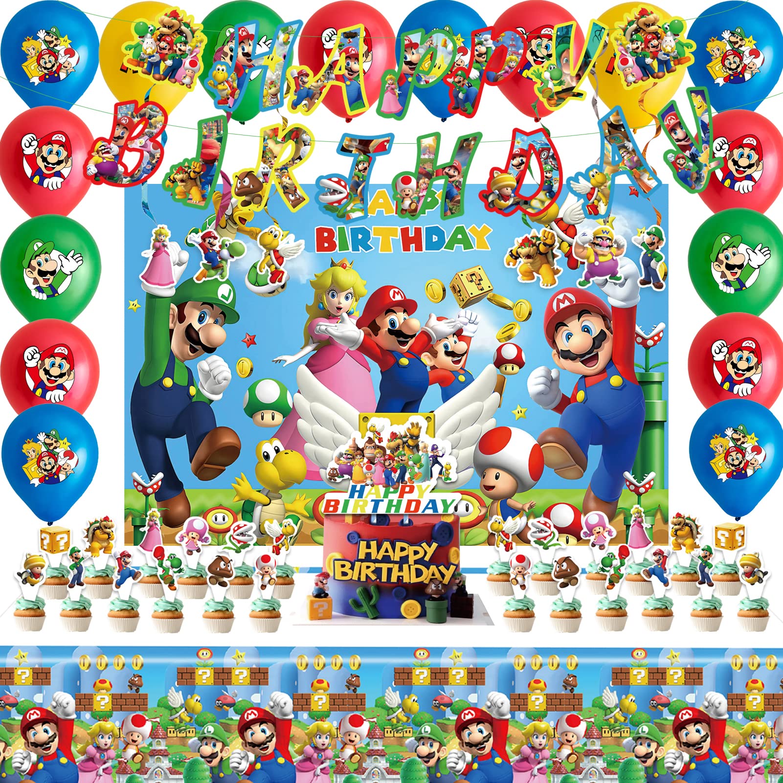 Mario Birthday Party Supplies Birthday Decorations Party Decorations Include Backdrop, Tablecloth, Birthday Banners, Cake Decoration, 24 Cupcake Toppers, 16 Latex Balloons, 6 Hanging Swirls