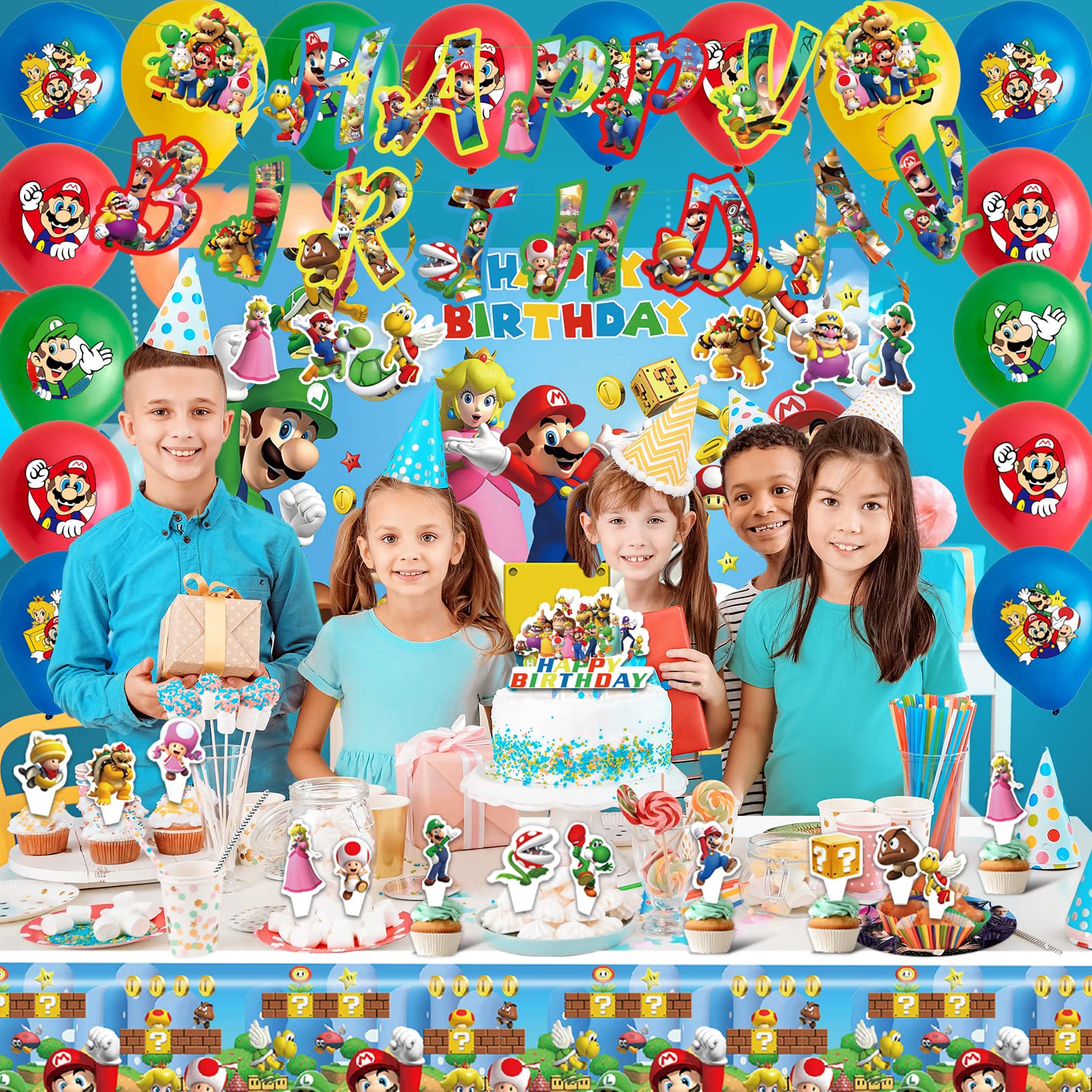 Mario Birthday Party Supplies Birthday Decorations Party Decorations Include Backdrop, Tablecloth, Birthday Banners, Cake Decoration, 24 Cupcake Toppers, 16 Latex Balloons, 6 Hanging Swirls