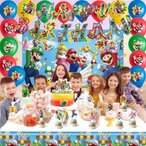 Mario Birthday Party Supplies Birthday Decorations Party Decorations Include Backdrop, Tablecloth, Birthday Banners, Cake Decoration, 24 Cupcake Toppers, 16 Latex Balloons, 6 Hanging Swirls