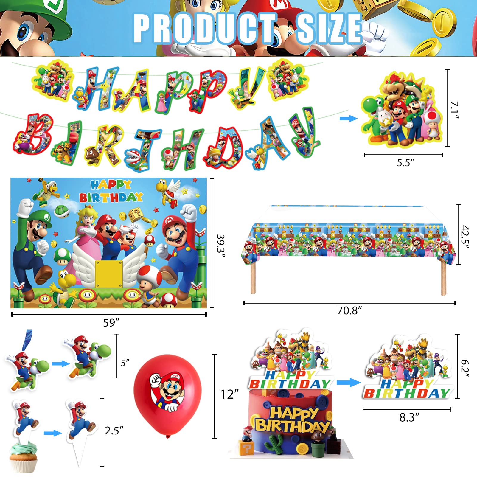 Mario Birthday Party Supplies Birthday Decorations Party Decorations Include Backdrop, Tablecloth, Birthday Banners, Cake Decoration, 24 Cupcake Toppers, 16 Latex Balloons, 6 Hanging Swirls