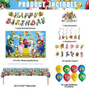 Mario Birthday Party Supplies Birthday Decorations Party Decorations Include Backdrop, Tablecloth, Birthday Banners, Cake Decoration, 24 Cupcake Toppers, 16 Latex Balloons, 6 Hanging Swirls