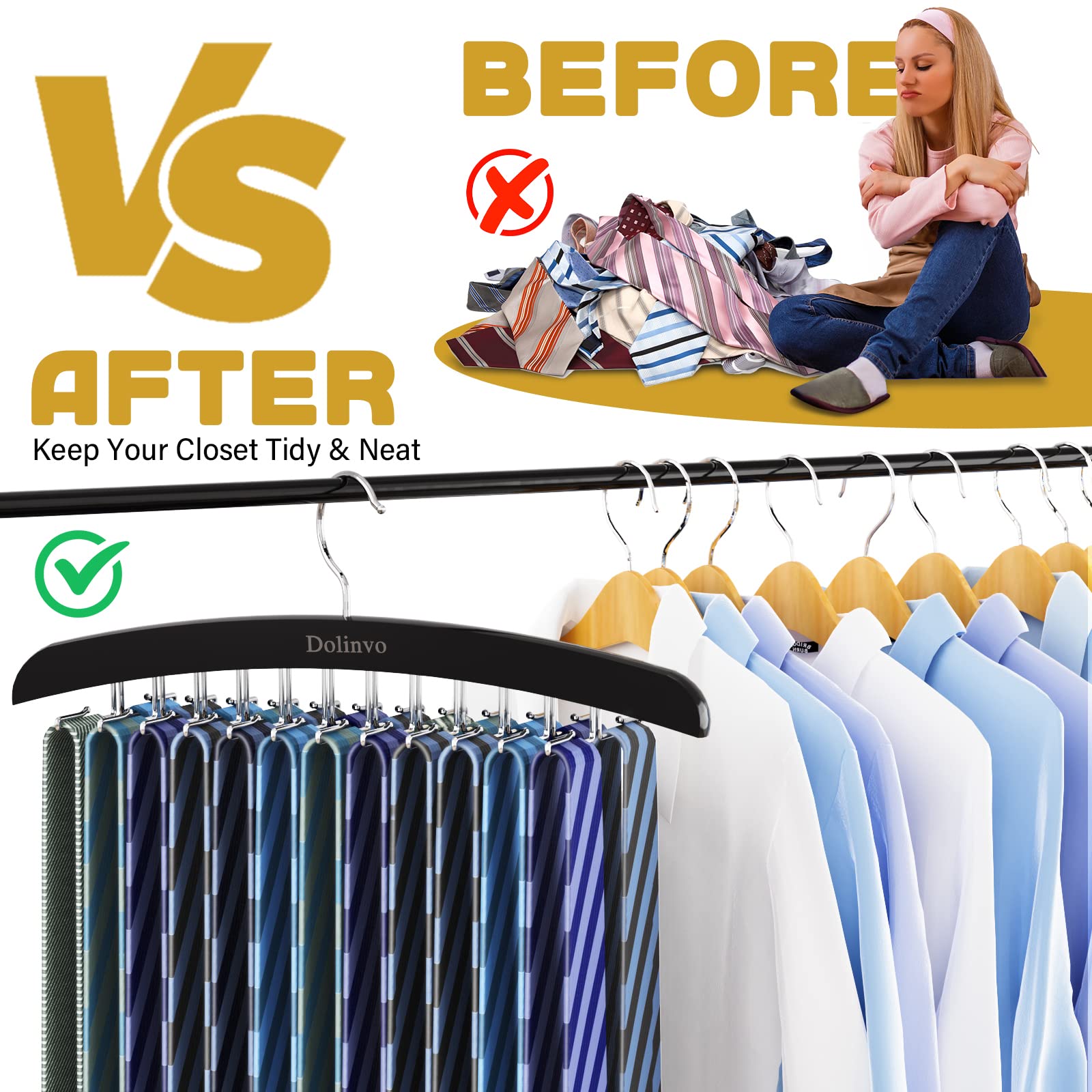 Upgraded Tie Rack Tie Hanger 24 Hooks Wooden Tie Organizer, Space Saving Tank Top Hanger,Belt Organizer for Closet,Bra Organizer with 360°Rotating