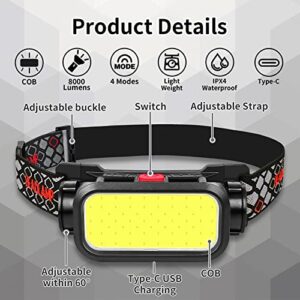 Headlamp Rechargeable, 8000 Lumens Wide Beam Led Headlamp, Lightweight Hard Hat Light, 4 Modes Lightbar Headlamp, Outdoor Waterproof Headlamp Flashlight for Camping, Fishing, Cycling (2 Packs)