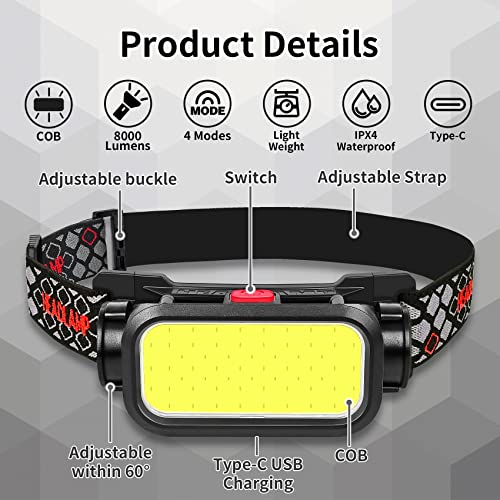 Headlamp Rechargeable, 8000 Lumens Wide Beam Led Headlamp, Lightweight Hard Hat Light, 4 Modes Lightbar Headlamp, Outdoor Waterproof Headlamp Flashlight for Camping, Fishing, Cycling (2 Packs)