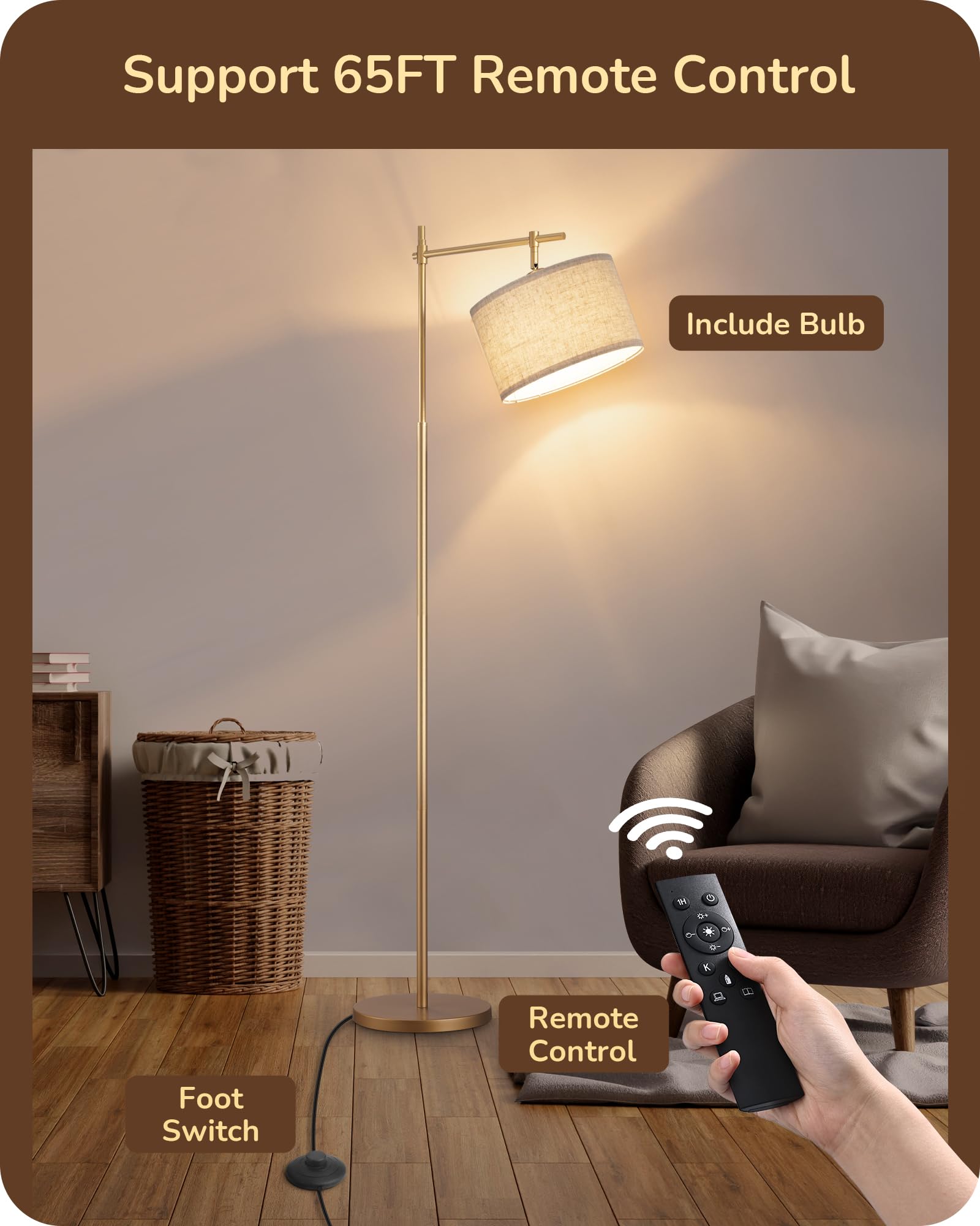 EDISHINE Dimmable Floor Lamp, Standing Lamp with Remote Control, E26 Socket, ACR Floor Lamp with Beige Shade for Bedroom, Living Room, Office, LED Bulb Included (Modern-Gold)