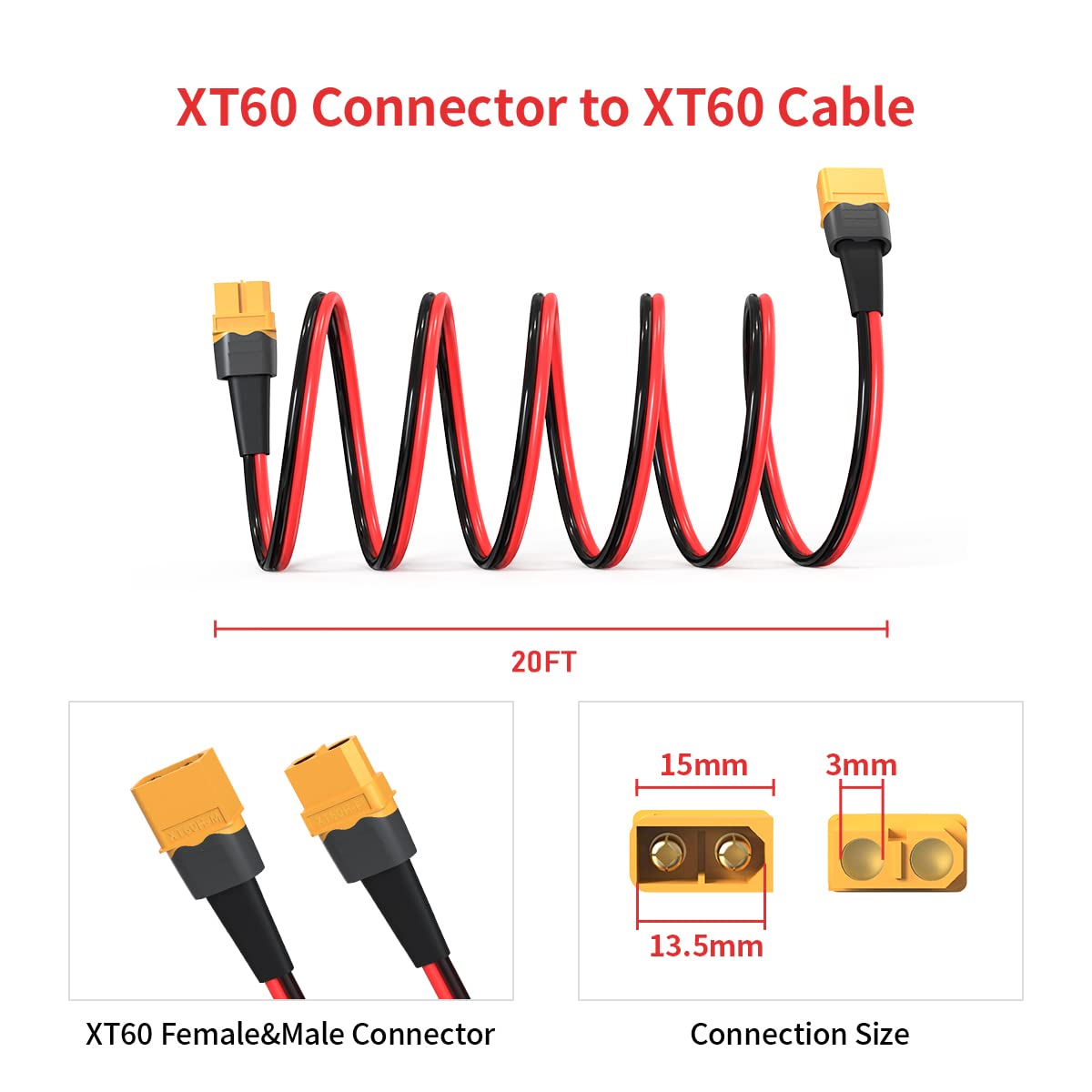 ELFCULB 12AWG 20FT XT60 Extension Cable 2 6 10 20 35 50 75 100FT XT60 Female to Male Connector for RC Battery Portable Power Station Solar Panel(20FT)