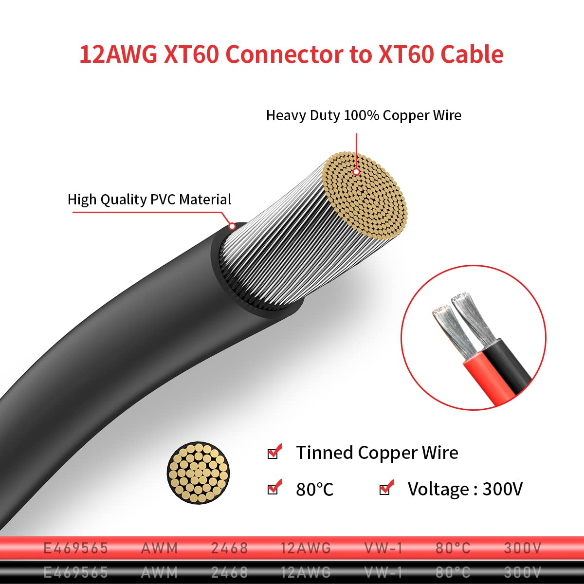 ELFCULB 12AWG 20FT XT60 Extension Cable 2 6 10 20 35 50 75 100FT XT60 Female to Male Connector for RC Battery Portable Power Station Solar Panel(20FT)