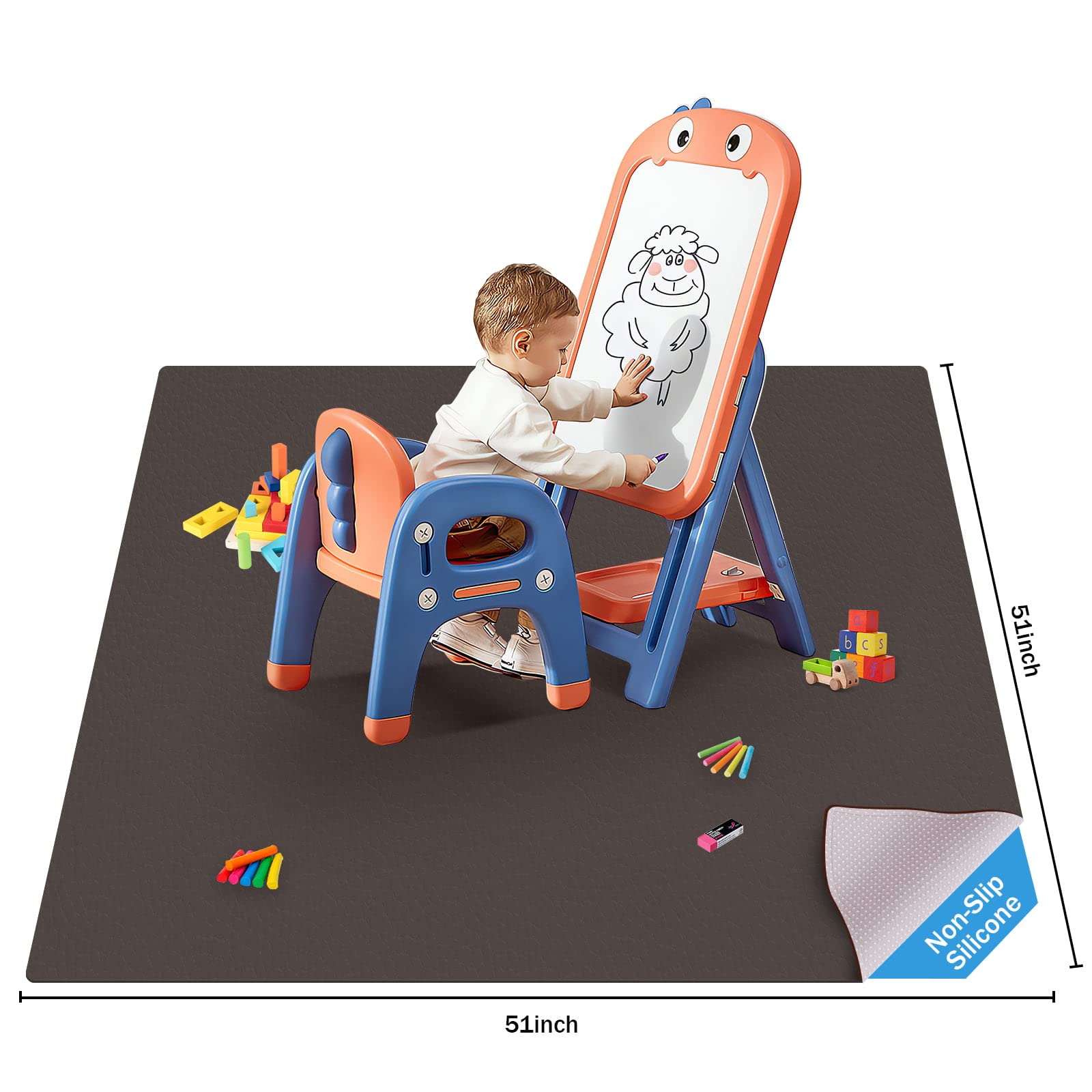 Splat Mat for Under High Chair - 51in PU Waterproof SI Anti-Slip Multipurpose Splash Mat, Washable High Chair Mat Floor Protection Table Cloth Portable Picnic Play Mat, Grey