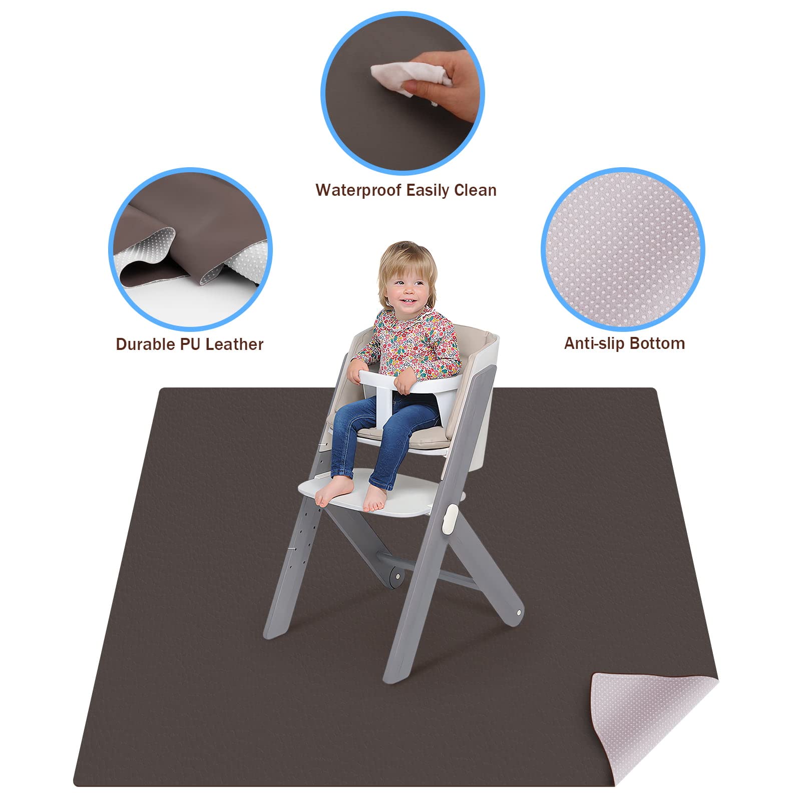 Splat Mat for Under High Chair - 51in PU Waterproof SI Anti-Slip Multipurpose Splash Mat, Washable High Chair Mat Floor Protection Table Cloth Portable Picnic Play Mat, Grey