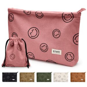 wllwoo makeup bag-2pcs smile face corduroy cosmetic bag zipper interior waterproof pencil case coin purse travel toiletry small makeup pouch for women