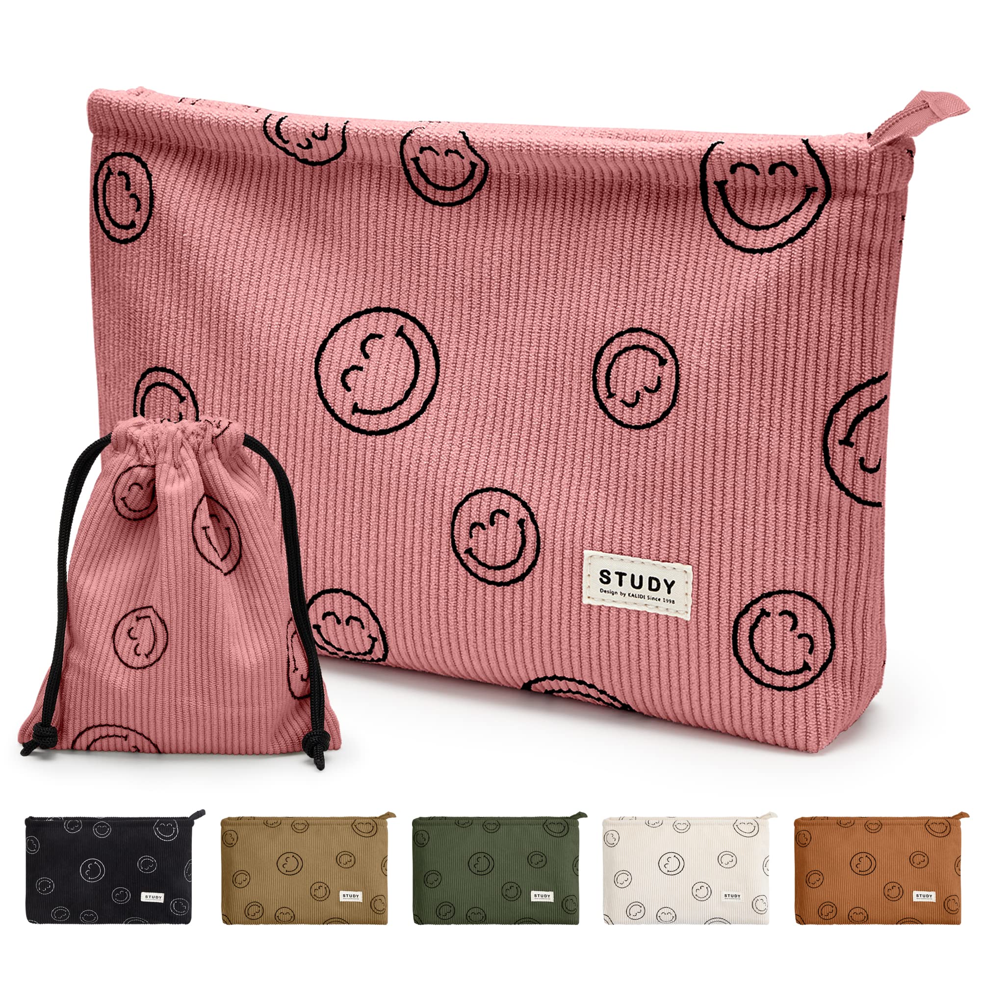 WLLWOO Makeup Bag-2pcs Smile Face Corduroy Cosmetic Bag Zipper Interior Waterproof Pencil Case Coin Purse Travel Toiletry Small Makeup Pouch For Women