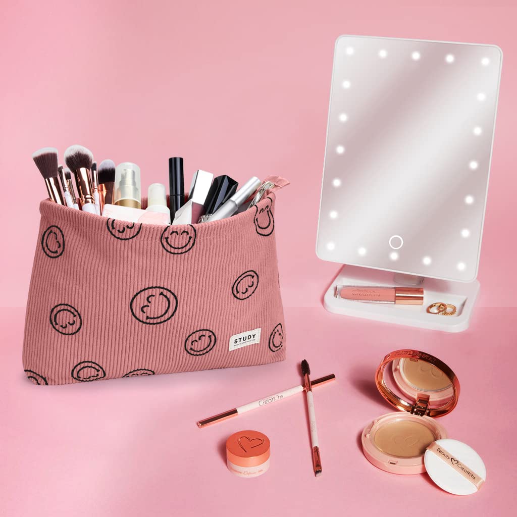 WLLWOO Makeup Bag-2pcs Smile Face Corduroy Cosmetic Bag Zipper Interior Waterproof Pencil Case Coin Purse Travel Toiletry Small Makeup Pouch For Women