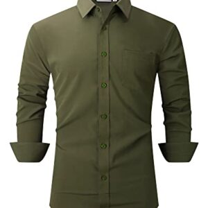 Echoph Mens Dress Shirts Long Sleeve Wrinkle Free Regular Fit Casual Business Button Down Shirt Army Green L