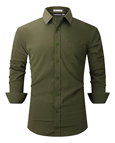 Echoph Mens Dress Shirts Long Sleeve Wrinkle Free Regular Fit Casual Business Button Down Shirt Army Green L