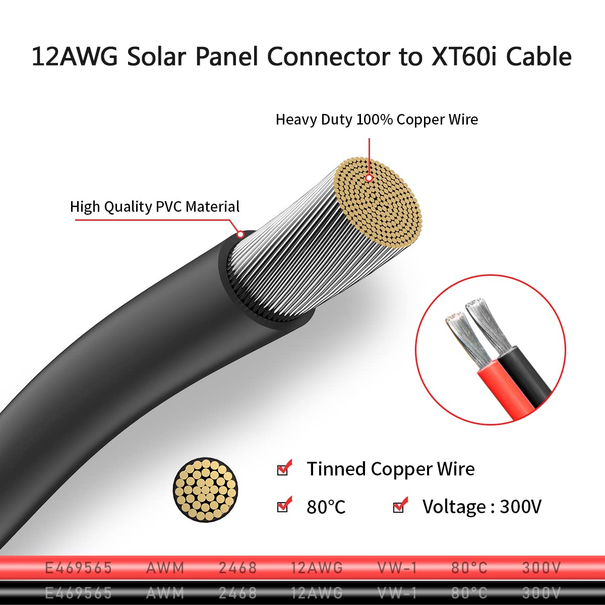 ELFCULB 12AWG 10FT Solar to XT60i Cable 2 10 25 35 50 75 100FT Solar Connector to XT60i Adapter Cable for Portable Power Station (10FT)