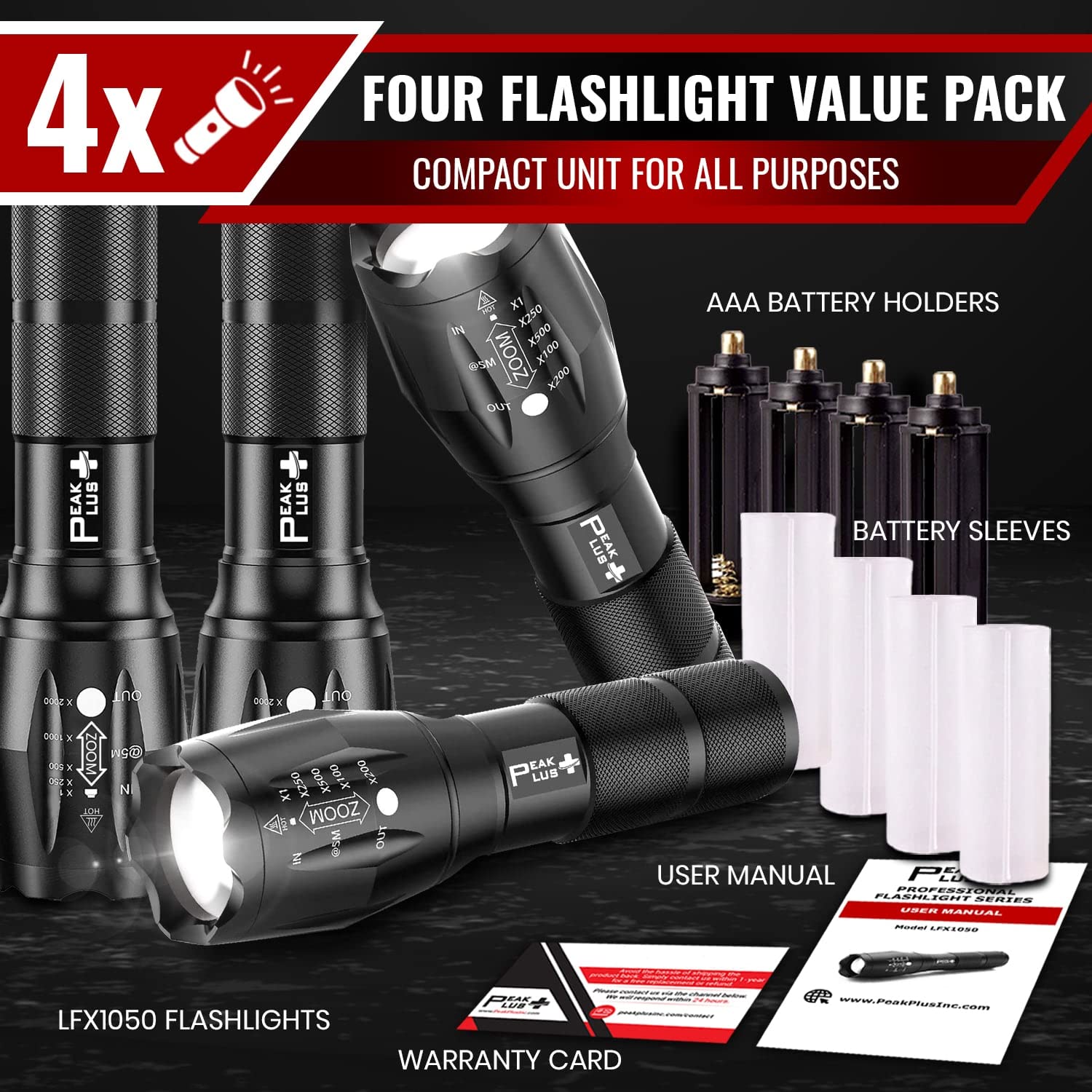 PeakPlus LED Flashlights High Lumens, Tactical Flash Lights [4 Pack] - Super Bright Waterproof Zoomable 5 Modes - Powerful Handheld Flashlights for Emergencies, Camping, Outdoor, Dog Walking