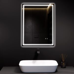 HOMECOOKIN Wall Mount 20x28 inches LED Mirror, Bathroom, Rectangular, Aluminum, Modern, Anti-Fog, Adjustable 3 Colors, Backlit