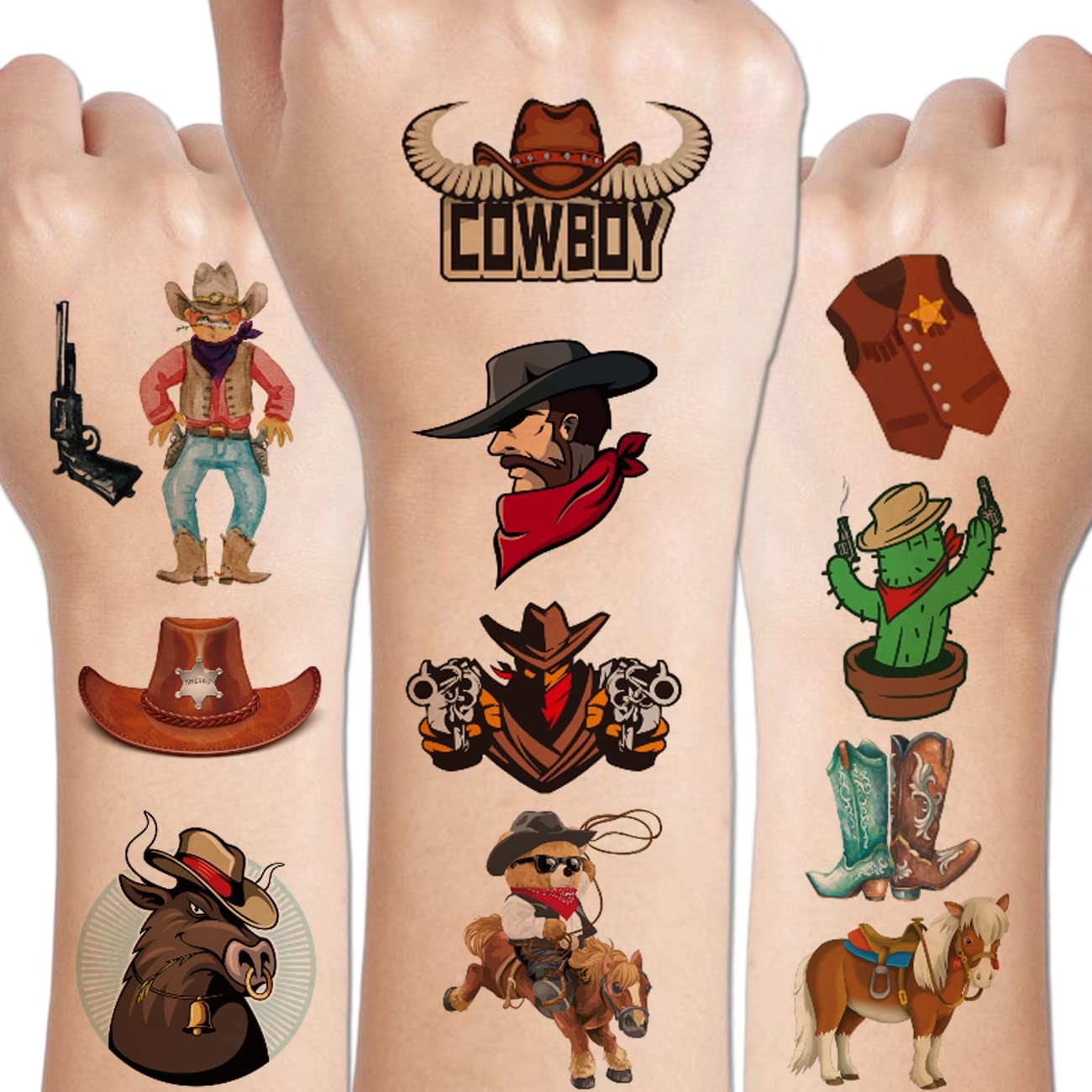 CHARLENT Cowboy Temporary Tattoos for Kids - 100 PCS Western Cowboy Temporary Tattoos for Boys Birthday Party Favors Goodie Bag Fillers