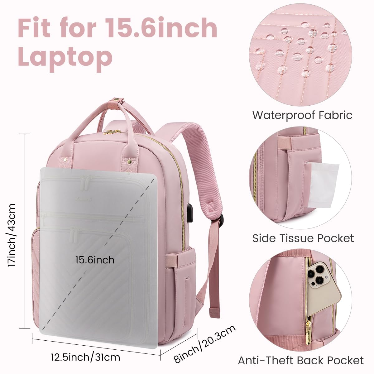 LOVEVOOK Laptop Backpack Women Teacher Backpack,15.6 Inch Laptop Bag with USB Port,Waterproof Daypack for Work Travel Pink