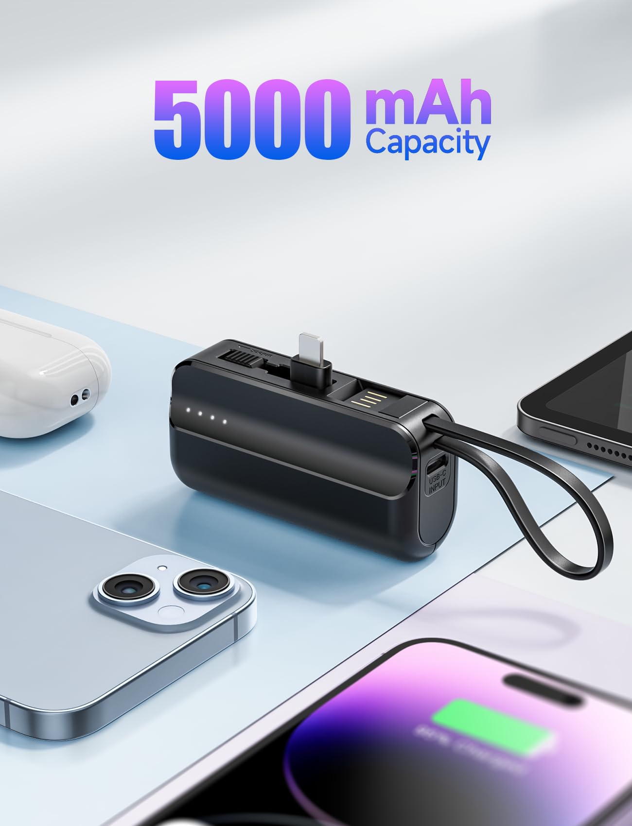 Tiitarn Small Portable Charger, 5000mAh Foldable Power Bank Built in Stand Mini Battery Pack Charger Compatible with i-Phone 14/13/13 Pro Max/12/11/XS/XR/X/8/7(Not USB-C)
