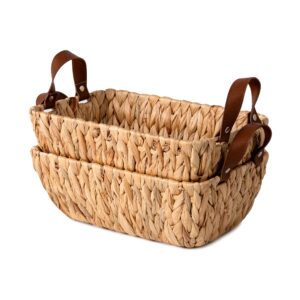 labcosi small wicker baskets for organizing, handwoven toilet paper baskets for toilet tank, water hyacinth bathroom baskets with faux leather handles, baskets for gift empty, set of 2