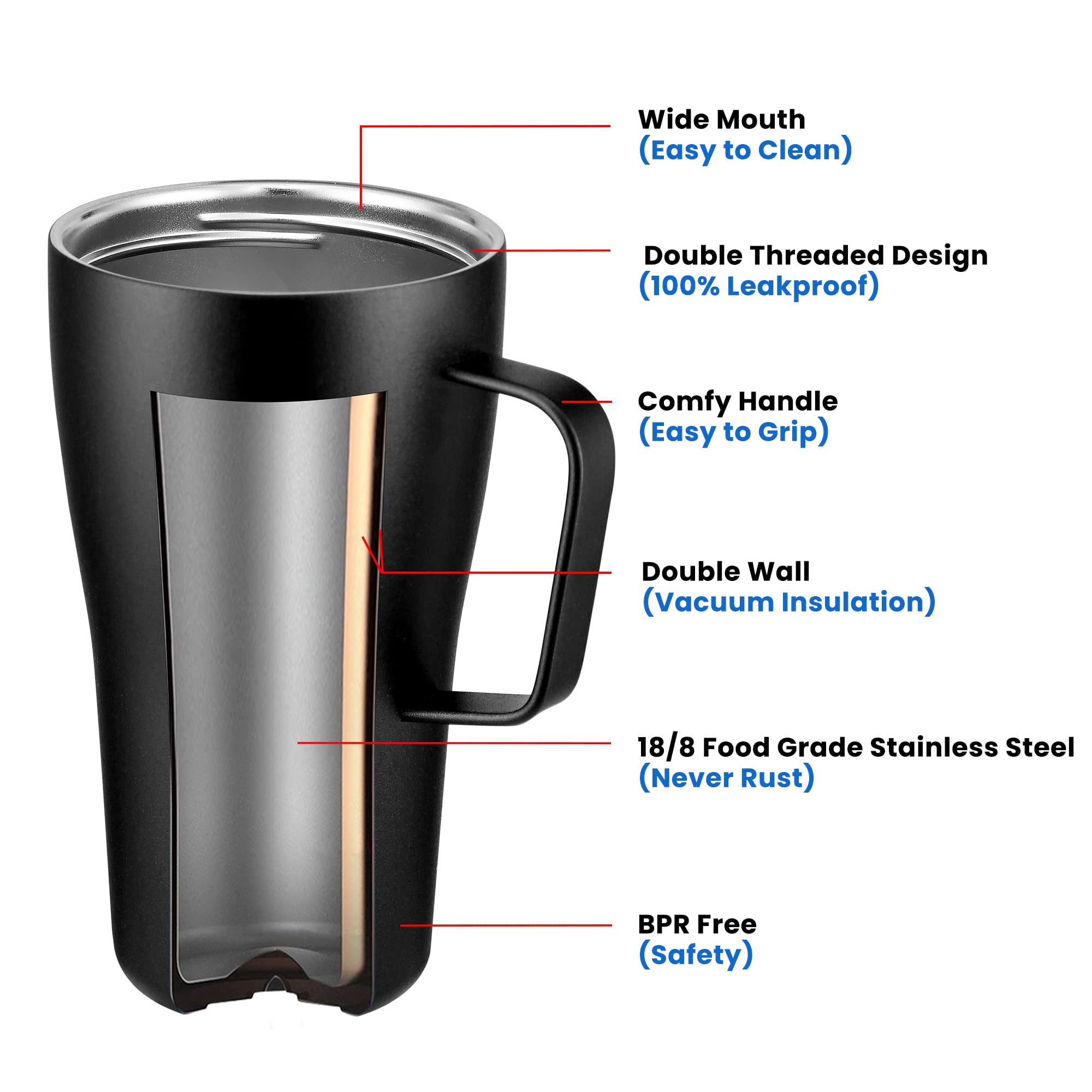 CIVAGO 20 oz Insulated Coffee Mug with Lid, Stainless Steel Coffee Travel Mug with Handle, Double Wall Vacuum Tumbler with Lid and Straw, Thermal Cup, Black Glitter