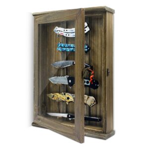 pocket knife collection display case - for 6 knives, rustic farmhouse style wall mount shadow box rack for folding knife storage organizer, wood small cabinet shelf for every day carry, gift for men
