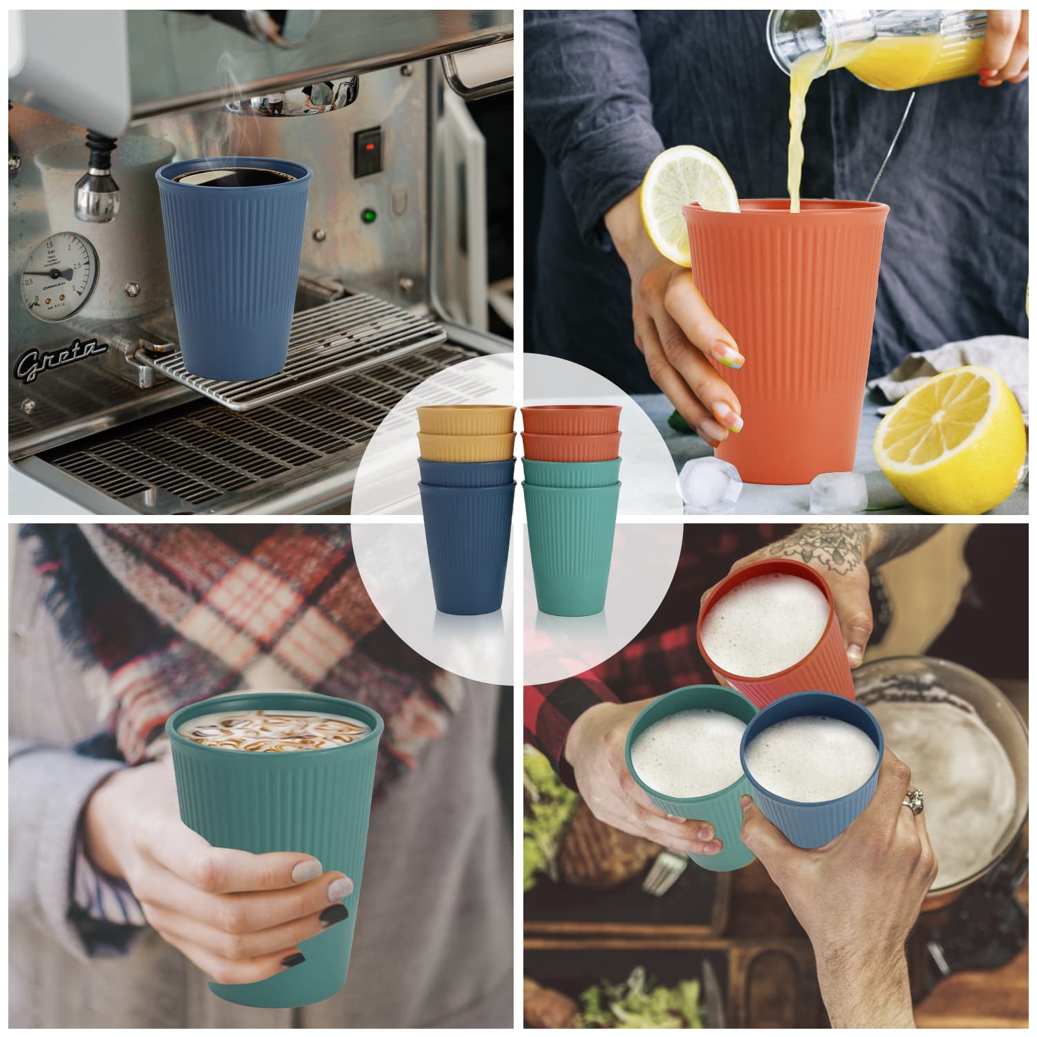 PYRMONT Wheat Straw Cups-8 Pack Plastic Cups Reusable,12 oz Unbreakable Kid Cups,Tumbler Cups for Kitchen,Drinking Cups, Small Water Cups,Plastic Cups Dishwasher Safe & BPA Free