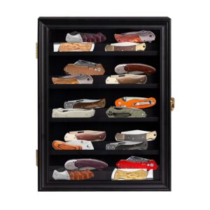 pocket knife display case for wall knife collection display case with patented step design and removable shelves to use as wall mount shadow box cabinet that holds up to 20 locking knives color black