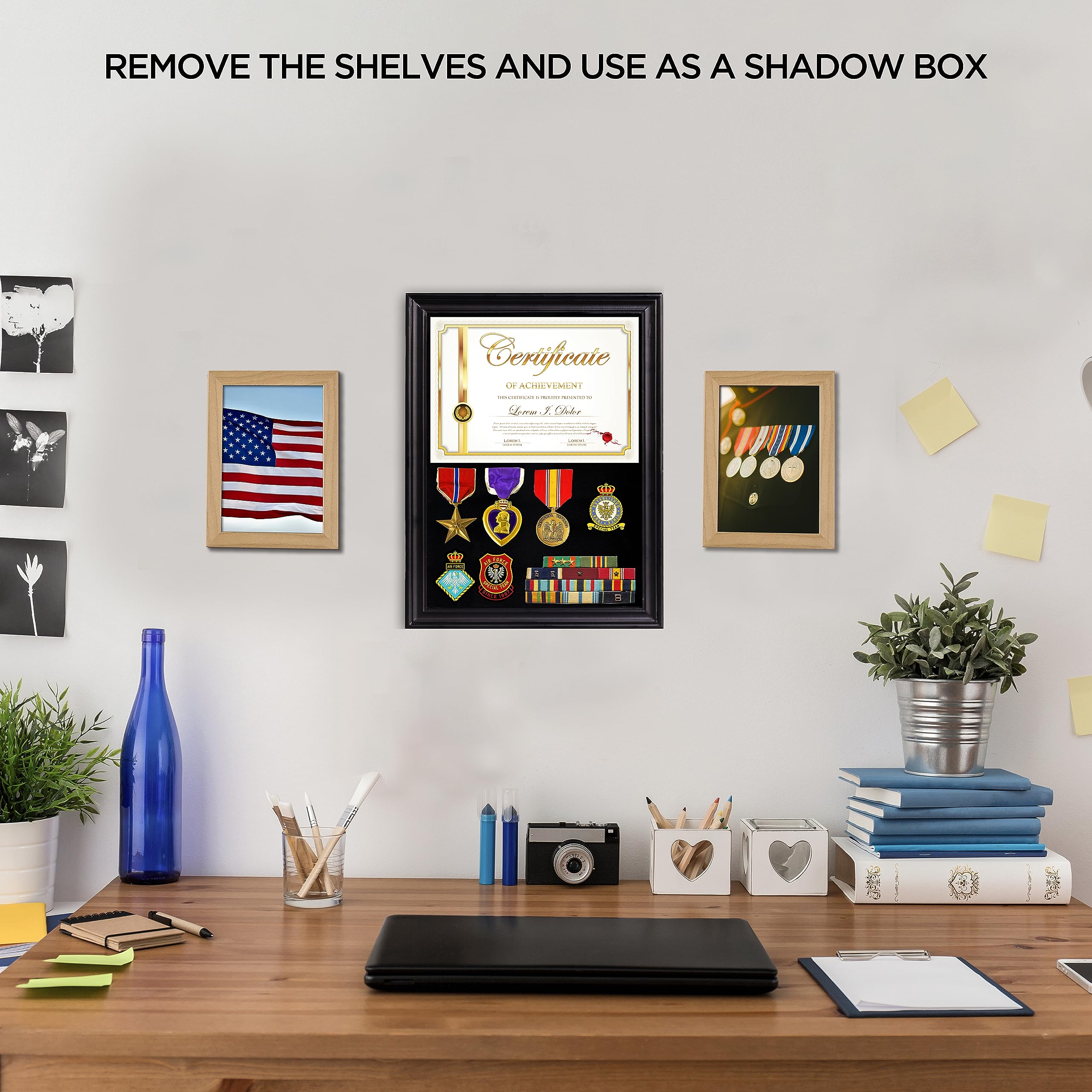 Pocket Knife Display Case for Wall Knife Collection Display Case with Patented Step Design and Removable Shelves to Use as Wall Mount Shadow Box Cabinet that Holds up to 20 Locking Knives Color Black