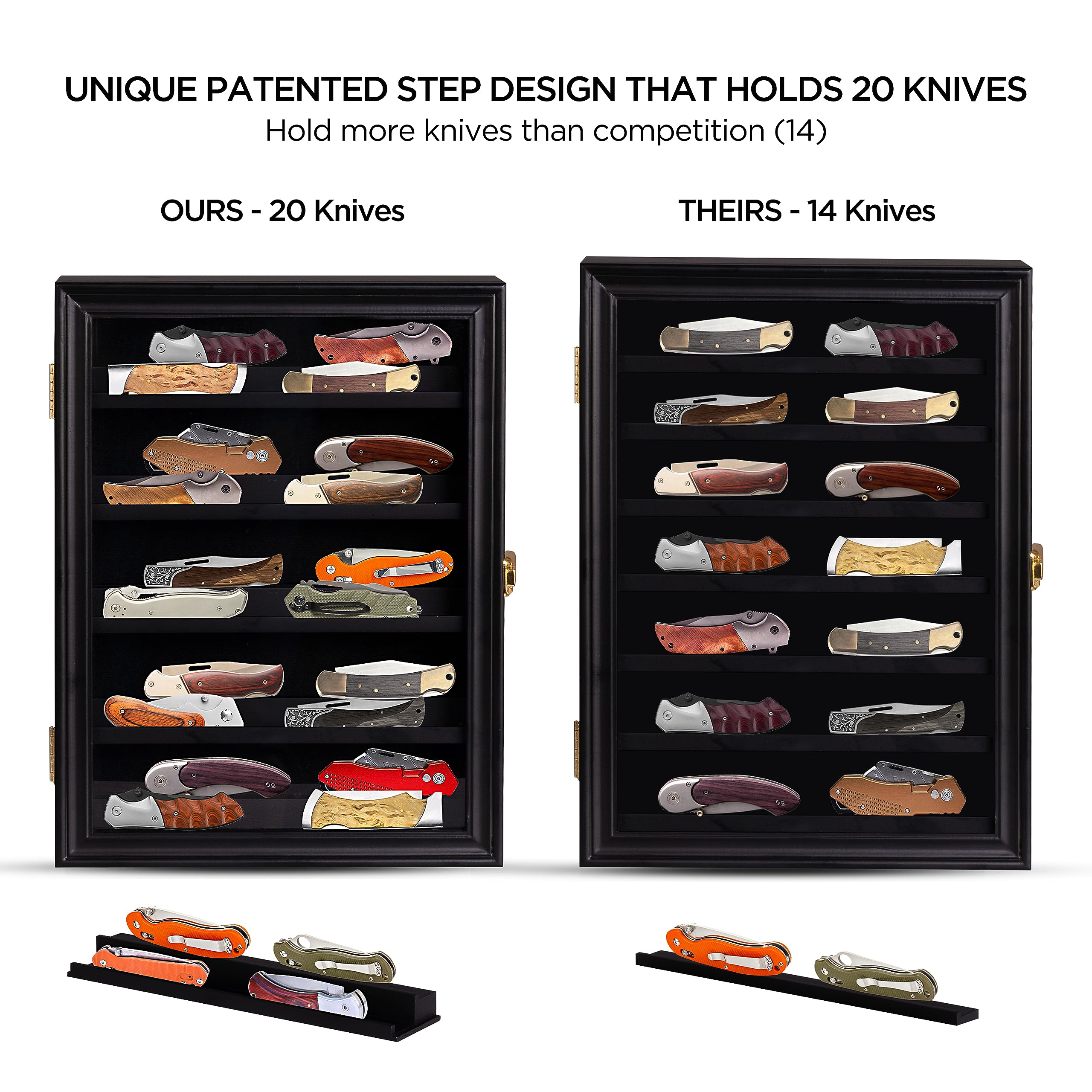 Pocket Knife Display Case for Wall Knife Collection Display Case with Patented Step Design and Removable Shelves to Use as Wall Mount Shadow Box Cabinet that Holds up to 20 Locking Knives Color Black