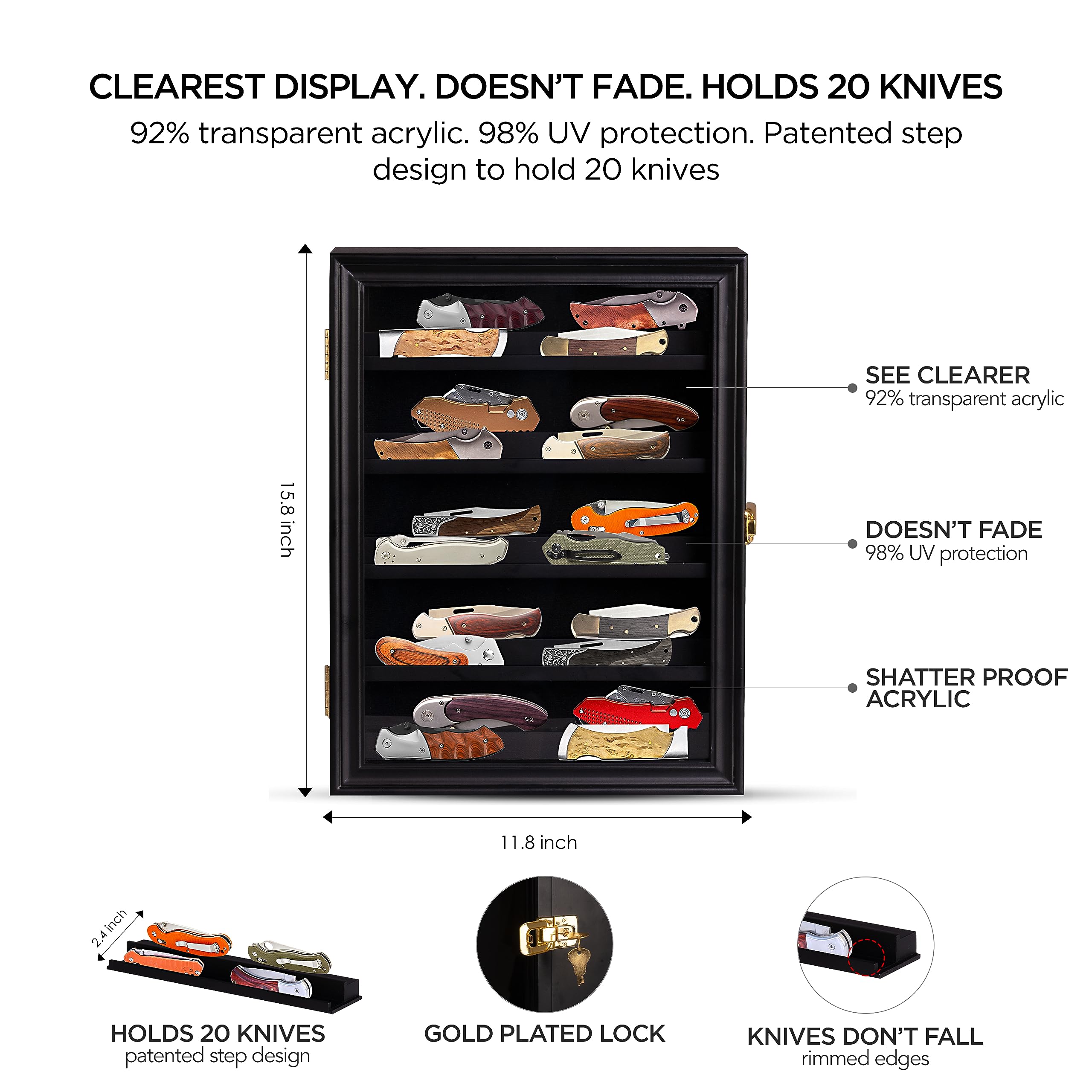 Pocket Knife Display Case for Wall Knife Collection Display Case with Patented Step Design and Removable Shelves to Use as Wall Mount Shadow Box Cabinet that Holds up to 20 Locking Knives Color Black
