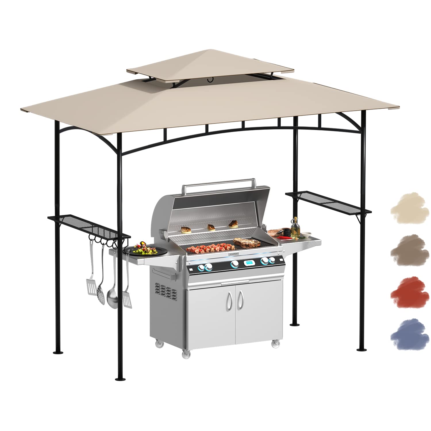 DikaSun Grill Gazebo 8 x 5 BBQ Canopy Double Tiered Outdoor Waterproof Barbecue Grill Tent with Shelves and 10 Hooks for Patio, Backyard(Beige)