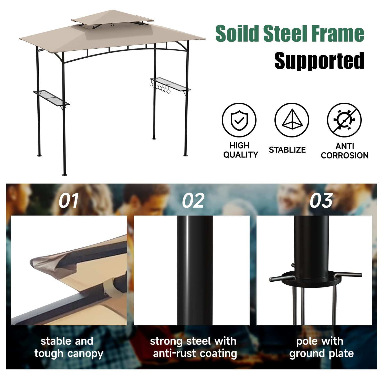 DikaSun Grill Gazebo 8 x 5 BBQ Canopy Double Tiered Outdoor Waterproof Barbecue Grill Tent with Shelves and 10 Hooks for Patio, Backyard(Beige)