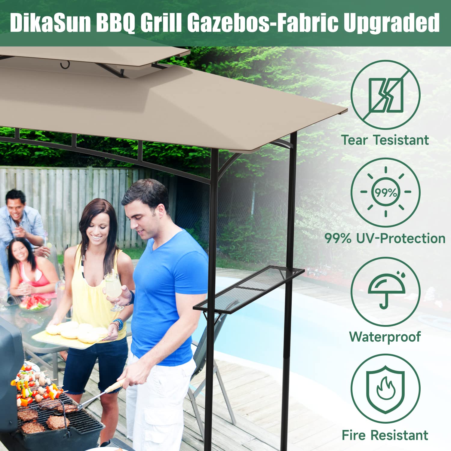 DikaSun Grill Gazebo 8 x 5 BBQ Canopy Double Tiered Outdoor Waterproof Barbecue Grill Tent with Shelves and 10 Hooks for Patio, Backyard(Beige)