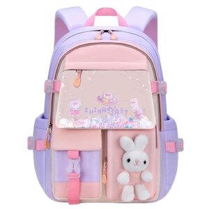 Nzahdwu Kawaii Backpack Girls, Cute Bunny Backpacks,Cartoon Large Capacity Waterproof Backpack Multifunction Laptop Travel Bag for Teens (Purple-17.7in)