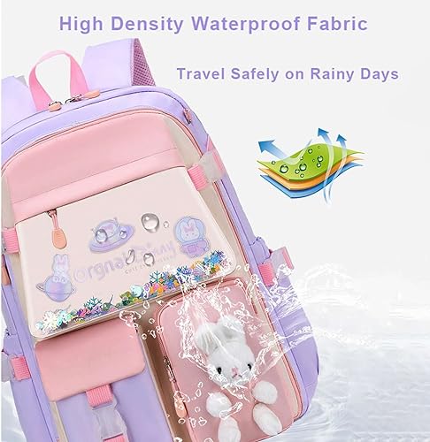 Nzahdwu Kawaii Backpack Girls, Cute Bunny Backpacks,Cartoon Large Capacity Waterproof Backpack Multifunction Laptop Travel Bag for Teens (Purple-17.7in)