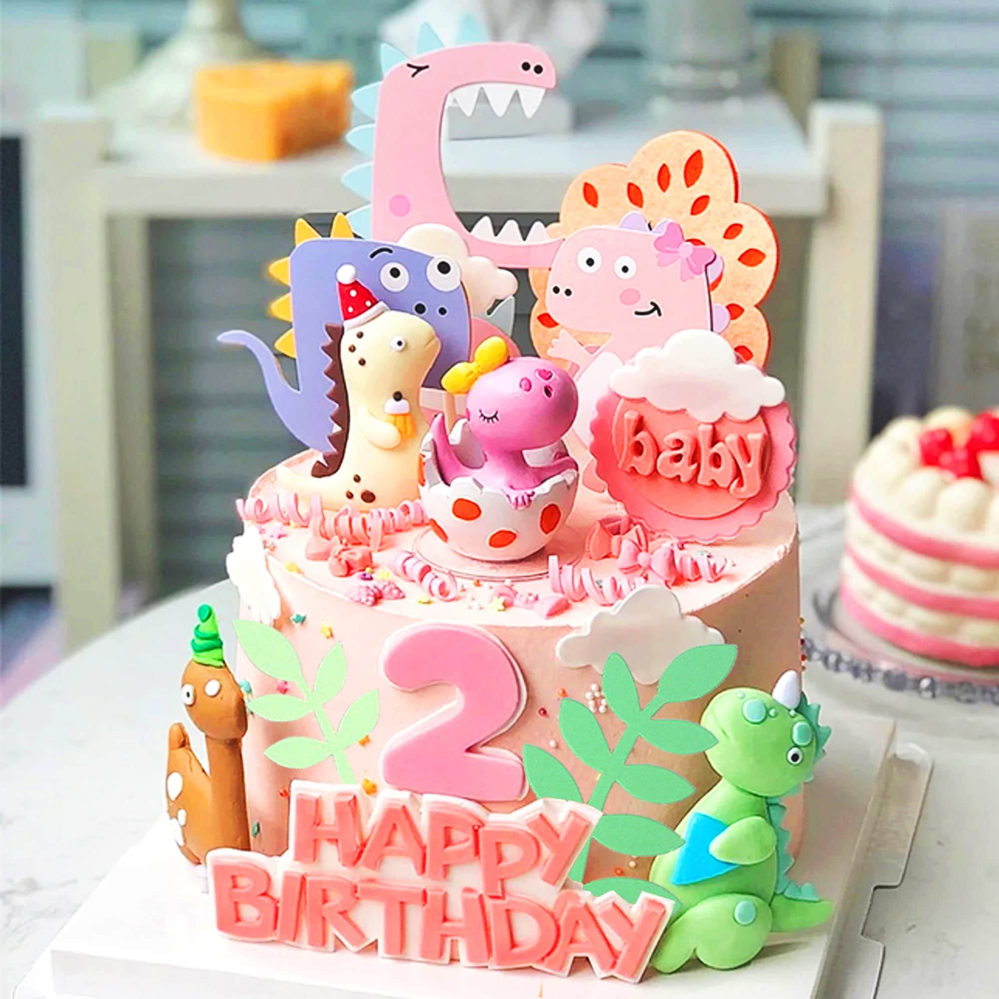 GallaRato Little Dino Birthday Cake Decoration Dinosaur Egg Cake Topper Little Dinosaur Birthday Party Supplies Dinosaur Cake Decoration Three Rex Cake Decoration (Pink)