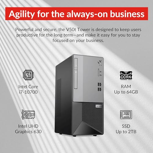 Lenovo V50T G2 Business Desktop, Intel Core i7-10700, 32GB RAM, 1TB SSD, Wi-Fi, Wired Keyboard & Mouse, SD Card Reader, DVD-RW, HDMI, DP, RJ-45, VGA, Windows 11 Pro, Black