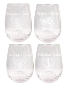 r and r imports nantucket island massachusetts souvenir 9 ounce laser engraved stemless wine glass nautical designs 4-pack