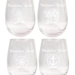 R and R Imports Nantucket Island Massachusetts Souvenir 9 Ounce Laser Engraved Stemless Wine Glass Nautical Designs 4-Pack