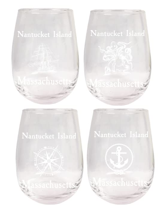 R and R Imports Nantucket Island Massachusetts Souvenir 9 Ounce Laser Engraved Stemless Wine Glass Nautical Designs 4-Pack